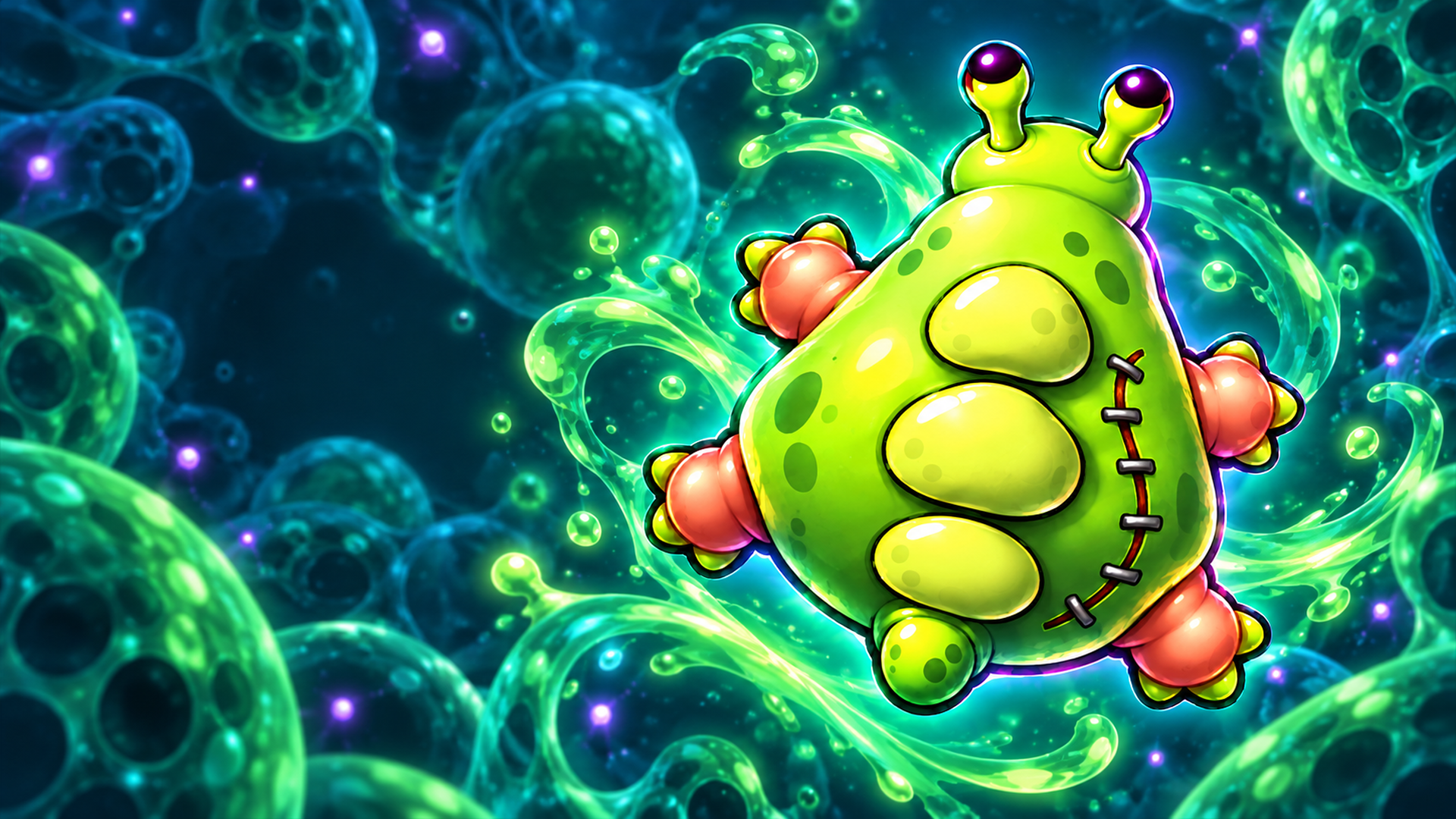 A bright green mutant surrounded by glowing alien cells